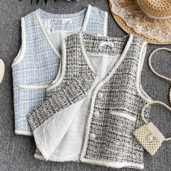 

women's vests women v neck sleeveless spring autumn small fragrance tweed waistcoat buttons twill vest jacket, Black;white