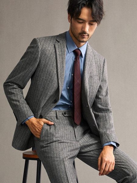 

men's suits & blazers mens set blazer + vest pant 60% wool slim 2021 autumn winter thicken suit grey stripe wedding groom plus size 58, White;black