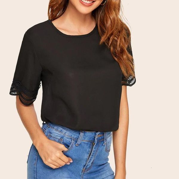 

omen casual women black tees mode o-neck effects color short mouw hollow out lace t-shirt summer #20, White