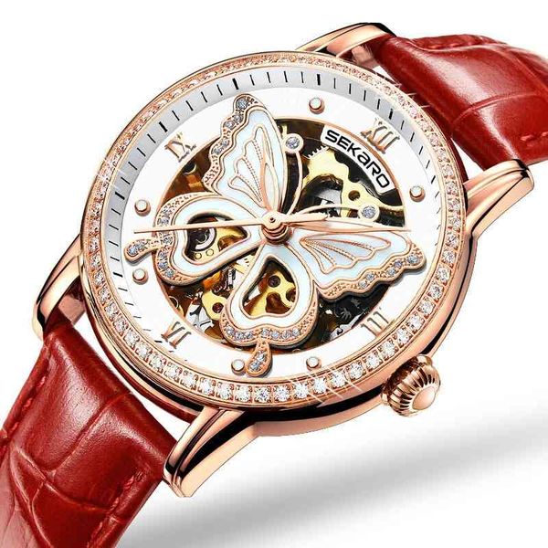 

scaro automatic mechanical watch through the bottom belt fashion french minority women's watch, Slivery;brown