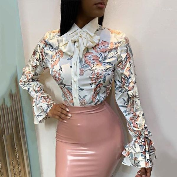 

vintage white floral print shirt long sleeve plus size women retro ruffle bowknot elegant office ladies autumn blouse women's blouses