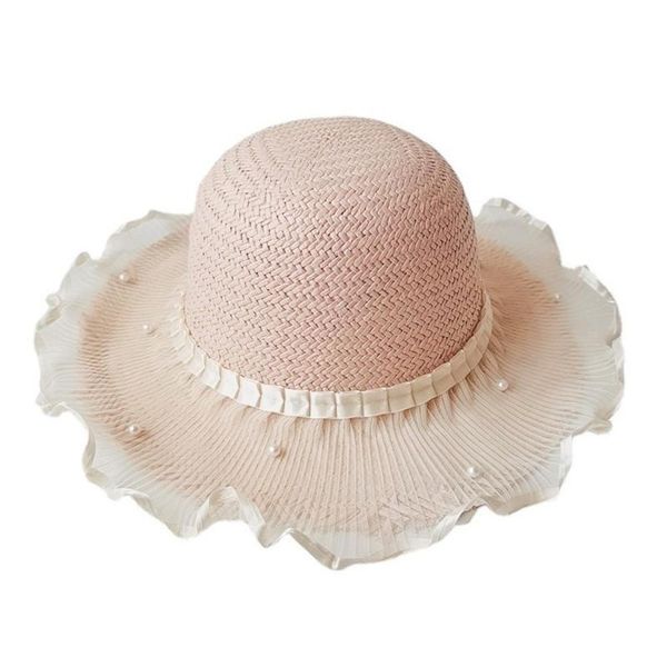 

caps & hats fashion kids girls straw hat summer lace fisherman visor cap sun pearl yarn princess vacation outdoor beach, Yellow