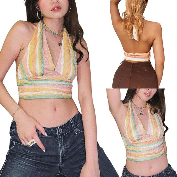 

women's tanks & camis ladies summer camisole, color striped v-neck halter lace sleeveless open back base shirt, White