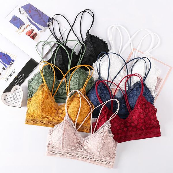 

new casual v neck lace vest push up floral backless padded bra seamless bralette women bra intimates lingerie brassiere, Red;black