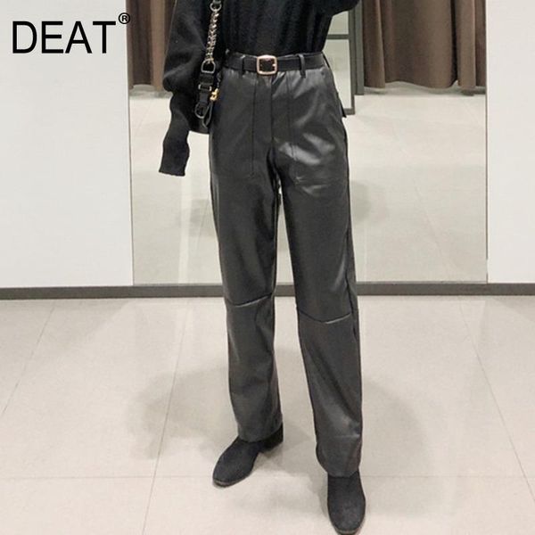 

deat new autumn winter fashion casual plus-down faux leather high-waist leather stitched black straight long pants women sg387, Black;white