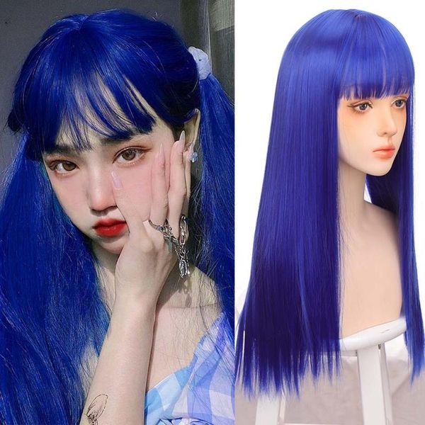 

synthetic wigs houyan long straight hair wig female blue pink gradient color cosplay lolita, Black