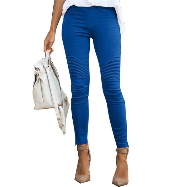 

women's jeans women pleated vintage fashion stretch cotton skinny pencil pants high waist push up trousers, Blue