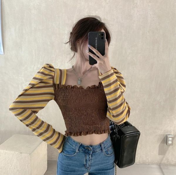 

women's blouses & shirts 2021 autumn splicing puff sleeve folds short square neck back cross and thin long-sleeved t-shirt huayuan litt, White
