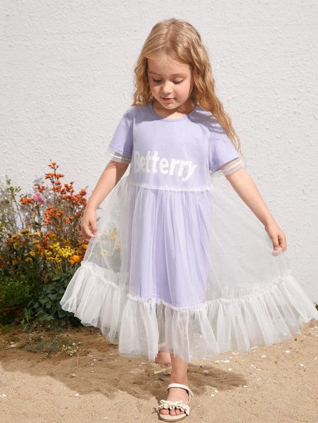 

toddler girls letter graphic ruffle hem mesh overlay dress she, Red;yellow