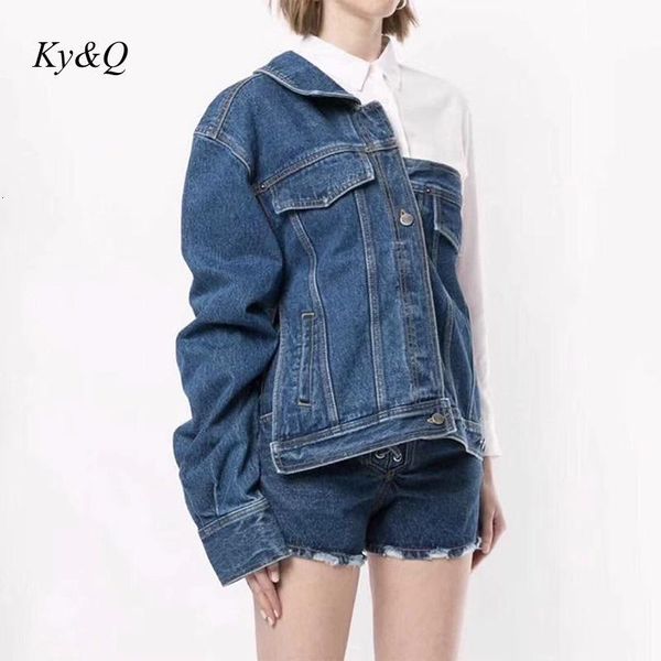 

women's jackets runway brand winter 2021 fashion one-shoulder denim jacket irregular women lapel long-sleeved pocket luxury sexy, Black;brown
