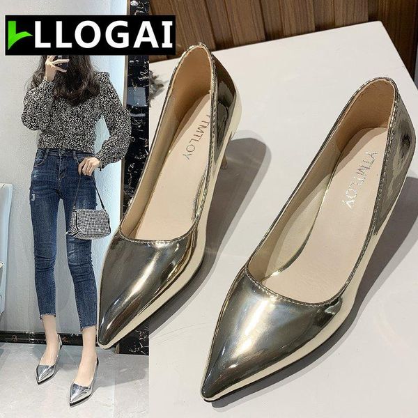 

fashion pumps women's shoes 2021 spring high heels pumps pointed toe luxury lady gold silver office valentine shoes plus size43, Black