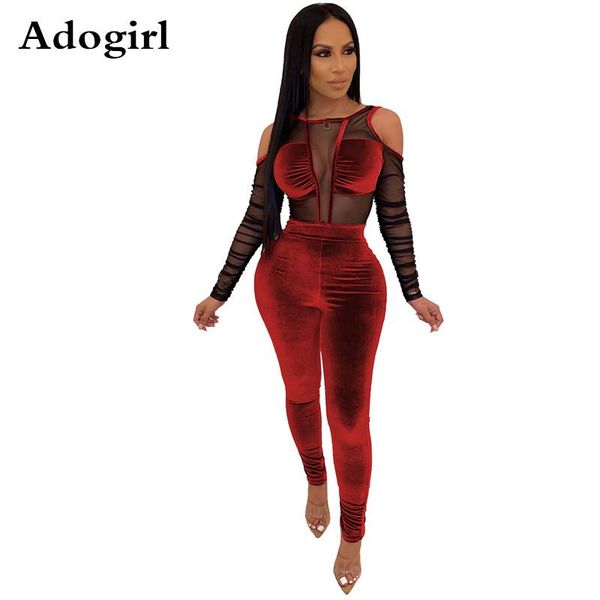 

women's jumpsuits & rompers velvet sheer mesh patchwork jumpsuit cold shoulder long sleeve see through overalls plus size s-xxl, Black;white