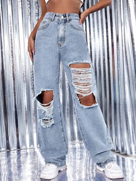 

high waist ripped wide leg jeans i8jg#, Blue
