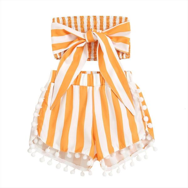 

summer kids infant girls sweet clothes sets 2pcs strap sleeveless striped bowknot tassel shorts yellow, White