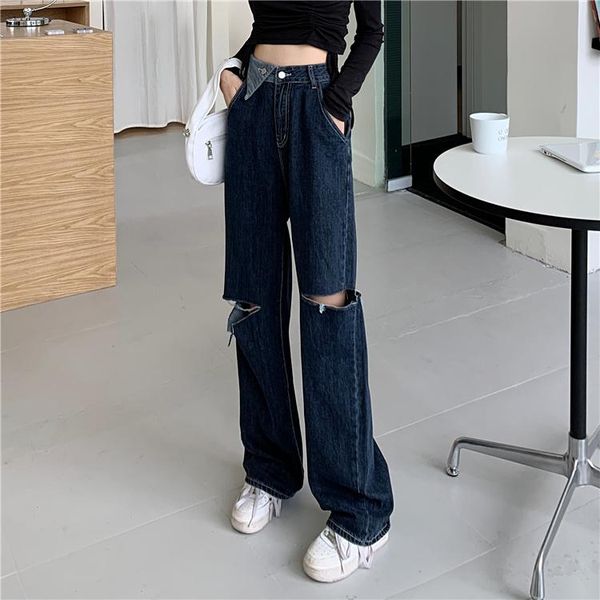 

women's ripped jeans design chic autumn high waist straight loose wide leg pants, Blue