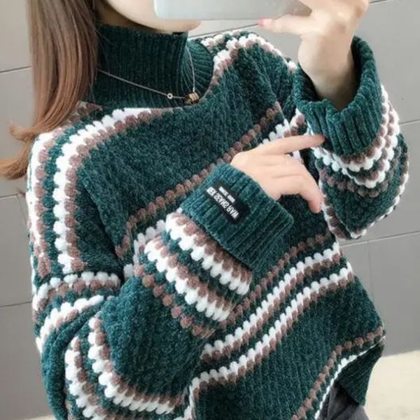 

2021 new pullovers malha camisola grossa de listra feminina 5hbw elkr, White;black