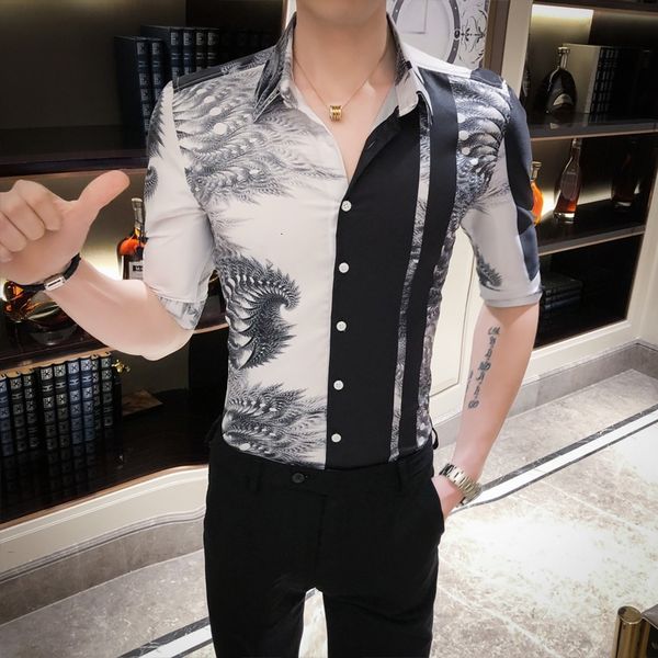 

2021 new luxury male shirt impression summer man's half sleeve men's casual shirts the whole game club tuxedo homme blouse m1g0, Black;brown