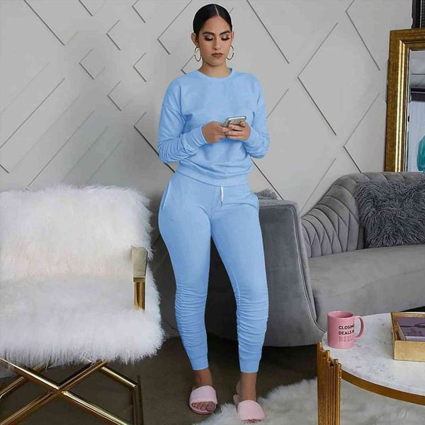 

fashion 2 pieces set womens tracksuits long sleeve solid color pullover t shirt high waist lace up pant outfits, Gray