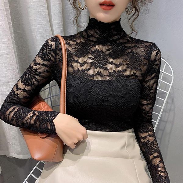 

women's blouses & shirts lace long sleeve see-through blouse black white fashion shirt women turtleneck bottoming 2021 spring