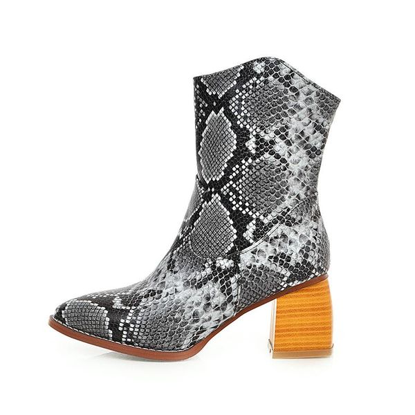 

boots winter for woman fashion consice gray serpentine brown zipper pointed toe big size block heels ankle 34-47, Black