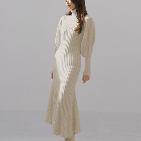 

2021 new fall winter thick mermaid knitted sweater korean elegant lantern sleeve slim long maxi es robe pull yaoc, Black;gray