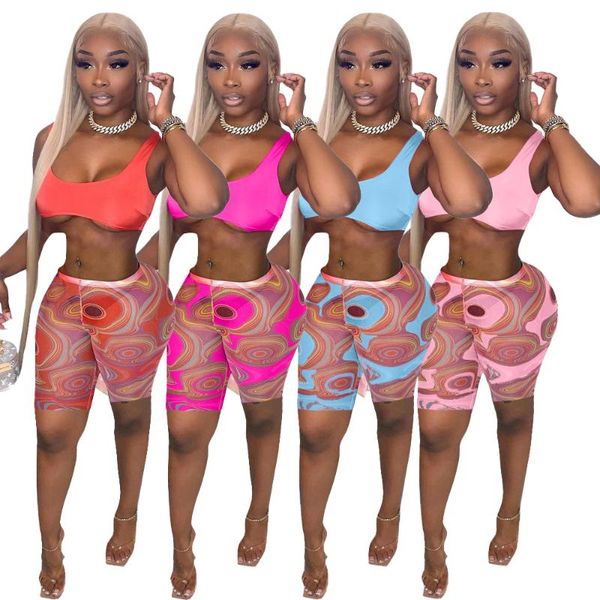 

women's tracksuits women short mesh 2pcs solid sleeveless o-neck vest skinny shorts lady outfits nightclub party wear 4 colors, Gray