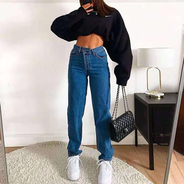 

women's jeans pants women fashion mom baggy vintage denim trousers casual straight leg irregular waist streetwear, Blue