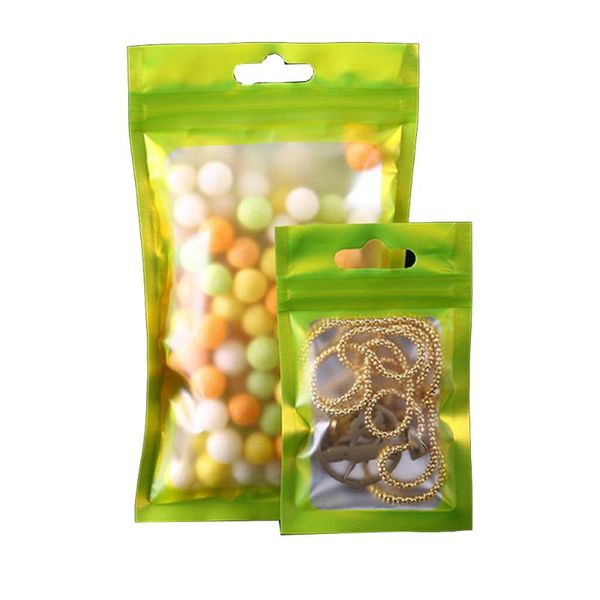 

100pcs/lot green mylar foil matte clear plastic bag with hang hole tear notch reclosable gift candy storage pack
