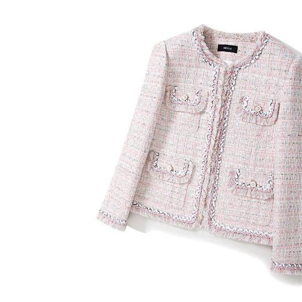

women's jackets handmade luxury wool jacket for women vintage o neck tweed pearl buttons covered button tassel short coat, Black;brown