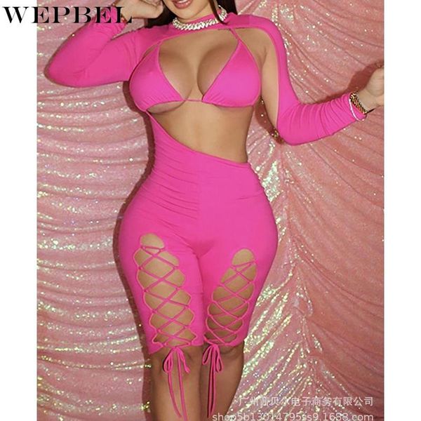 

women's tracksuits wepbel solid color slim suit summer spaghetti strap bra + long sleeve o-neck backless hollow out playsuits, Gray