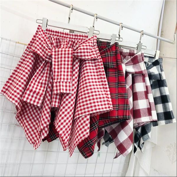 

wkoud womens plaid printed skirts irregular summer shirts skirts elastic waist college style mini skirt jupe femme dk6054, Black