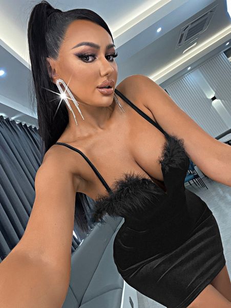 

sxy fuzzy trim velvet bodycon dress e4lu#, Black;gray