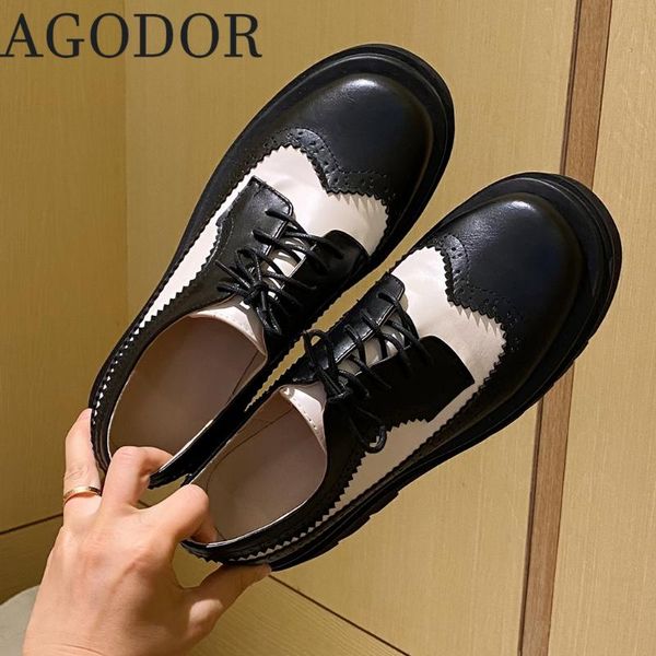 

dress shoes agodor 2022 women lace up wingtip oxford pumps loe heel brogue for ladies wedges casual size 43, Black
