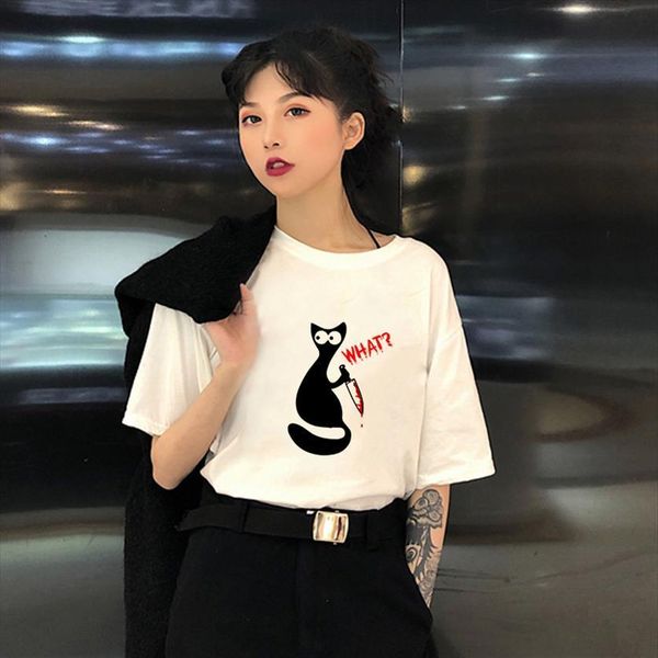 

showtly funny cool black cat womens t shirts white hipster o neck short sleeve aesthetic plus size fashion tee