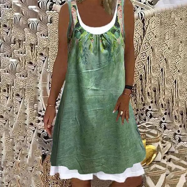 

casual dresses plus size women fashion loose floral print round neck sleeveless summer dress, Black;gray