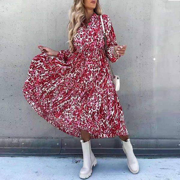

casual dresses 2021 autumn v-neck fashion print lace-up long sleeve women dress sweet elegant irregular chic party, Black;gray