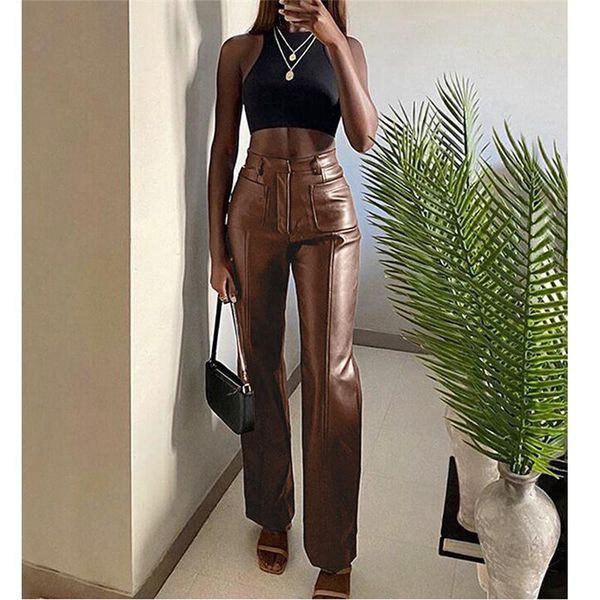 

women's pants & capris women faux leather solid color high waist straight wide leg leggings slim fit trousers vintage streetwear, Black;white