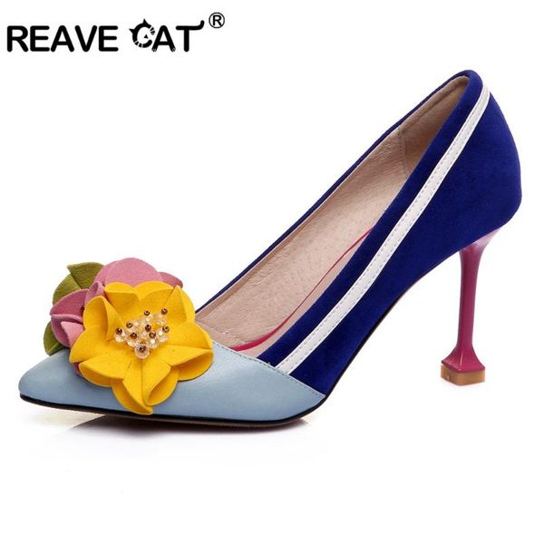 

dress shoes reave cat woman high heels laides pumps pointed toe women genuine leather flower patchwork shallow boats a1593, Black