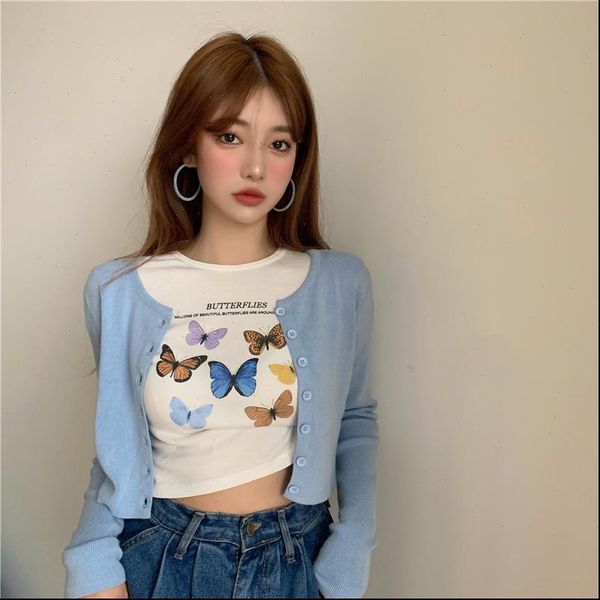 

2021 spring summer korean style butterfly print short sleeve short design t shirts womens tee shirt femme women r98058, White