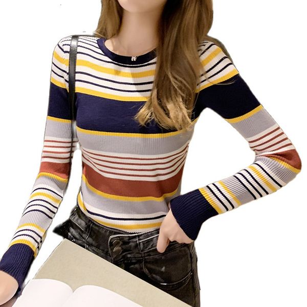 

2021 new t-shirts o-neck stripes tees cotton long sleeve knitted t-shirt summer women casual slim jumper t-shirt, 9n4y, White