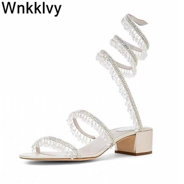 

sandals 2021 summer gladiator shoes chunky high heel dress mid-heel bling crystal tassel roman fairy sandalias, Black