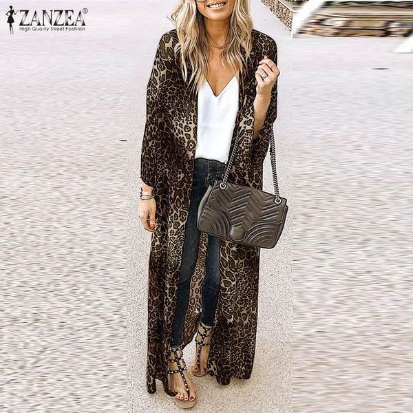 

women's blouses & shirts 2021 zanzea leopard printed cardigans bohemian kimono cape female open stitch beach cover up shirt s-, White