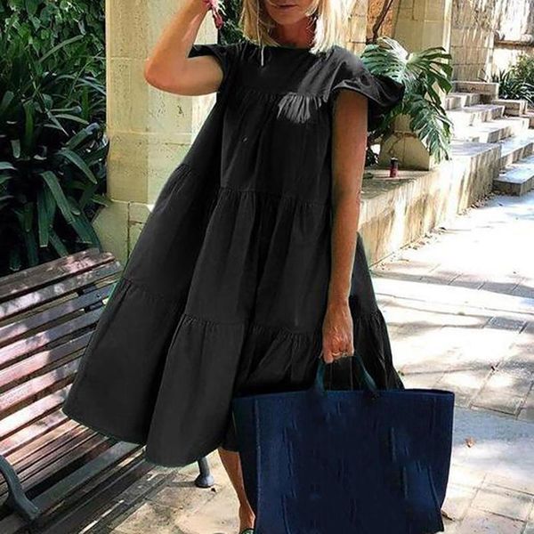 

party dresses women's summer fashion casual round neck solid ruffle loose dress color elegant knee-length, White;black