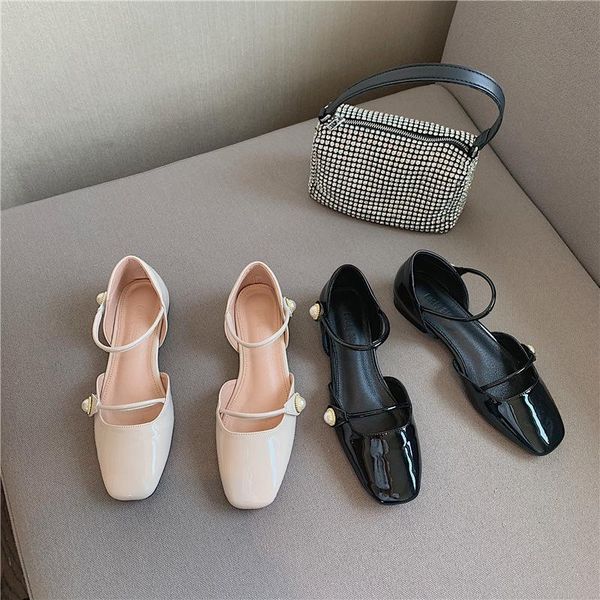 

sandals pearl mary jane buckle strap leather women's summer shoes square toe med all-match girls 2021 medium fashion autumn rome, Black