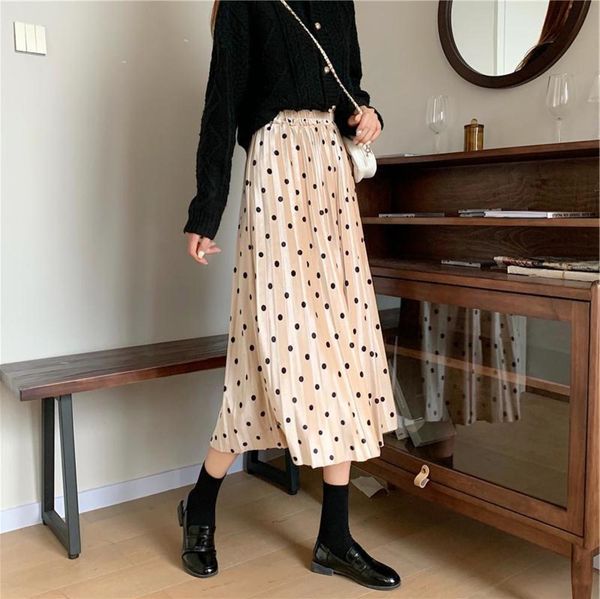 

popular show polka dot autumn and winter women's new products thin high waist a-line temperament versatile medium length pleated skirt, White;black