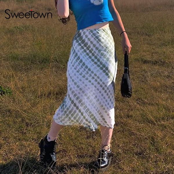 

sweetown sweety girls' plaid tie dye midi skirt woman preppy style cute kawaii clothes high waist y2k fashion 90s boho skirts, Black