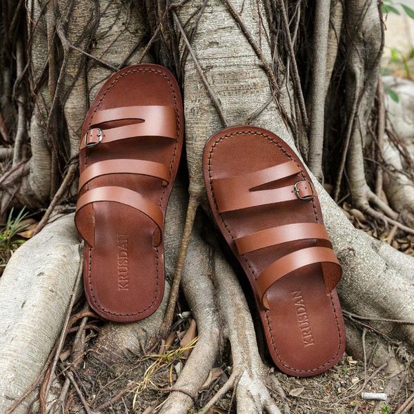 

slippers men's summer man flip-flop genuine leather men shoes metal buckle beach for mens flip flops slides, Black