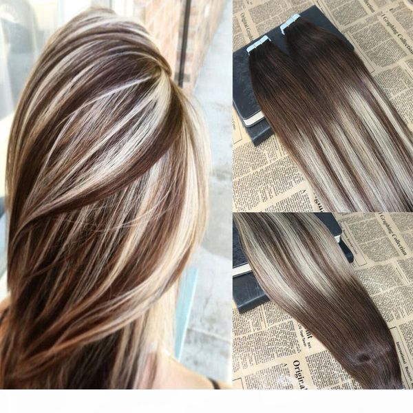 

omber tape in hair extensions color #3 fading to #24 highlighted tape in extensions human hair 8a grade glue in extensions 100g 40pcs, Black