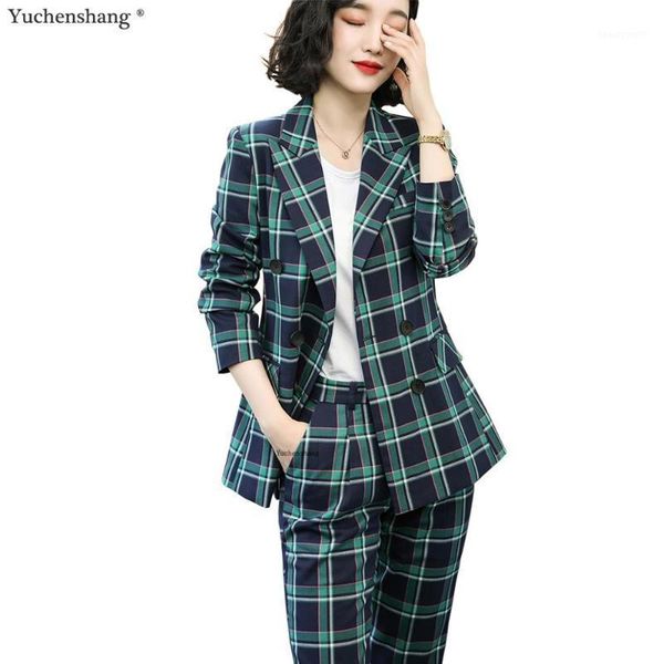 

women's suits & blazers 2021 women fashion green plaid blazer pant of triple breasted jackets and two piece suit sets, White;black