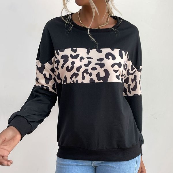 

autumn new 2021 women's pullover splicing round neck black leopard sweater